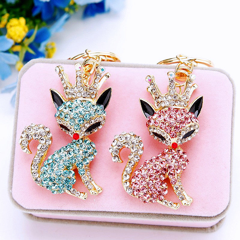 Crown Fox Sparkling Charm Bling Dog Keychain Crystal Rhinestone Pendant