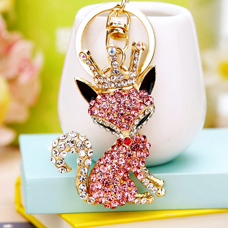 Crown Fox Sparkling Charm Bling Dog Keychain Crystal Rhinestone Pendant