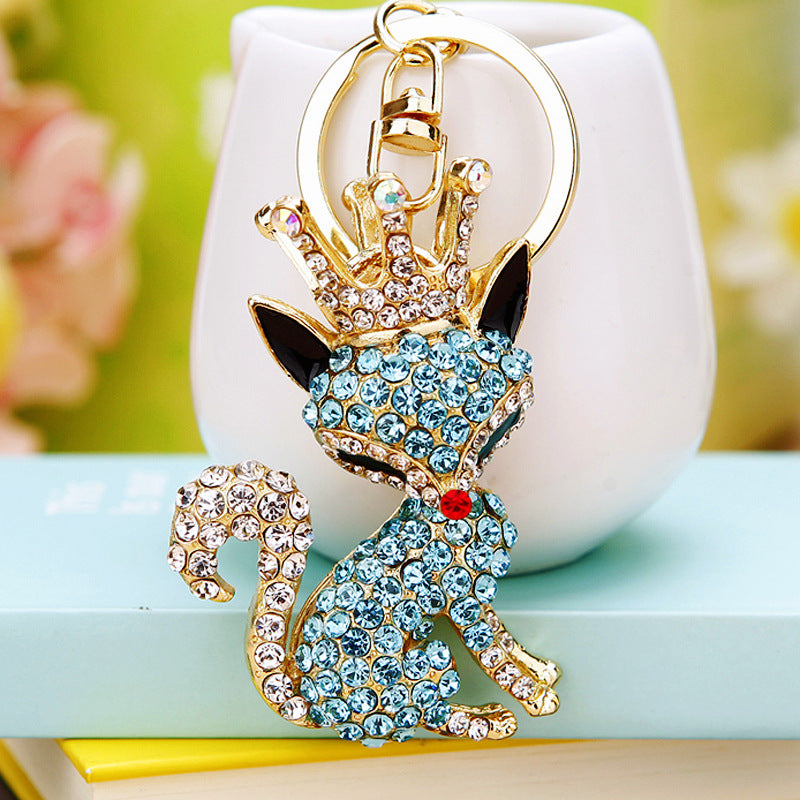Crown Fox Sparkling Charm Bling Dog Keychain Crystal Rhinestone Pendant
