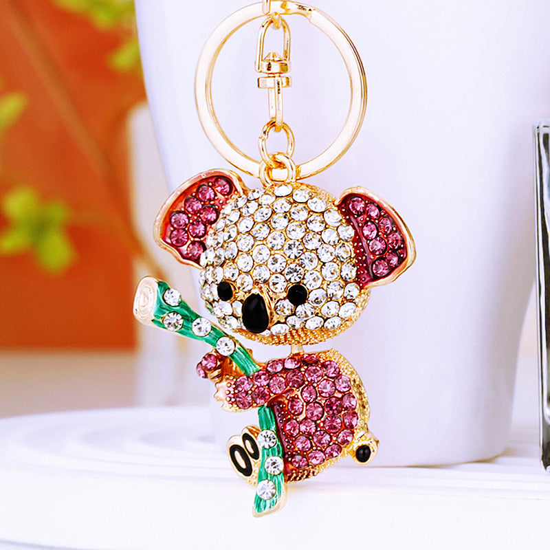 Koala With Bamboo Diamond Bling Rhinestone Metal Pendant Shining Keychain