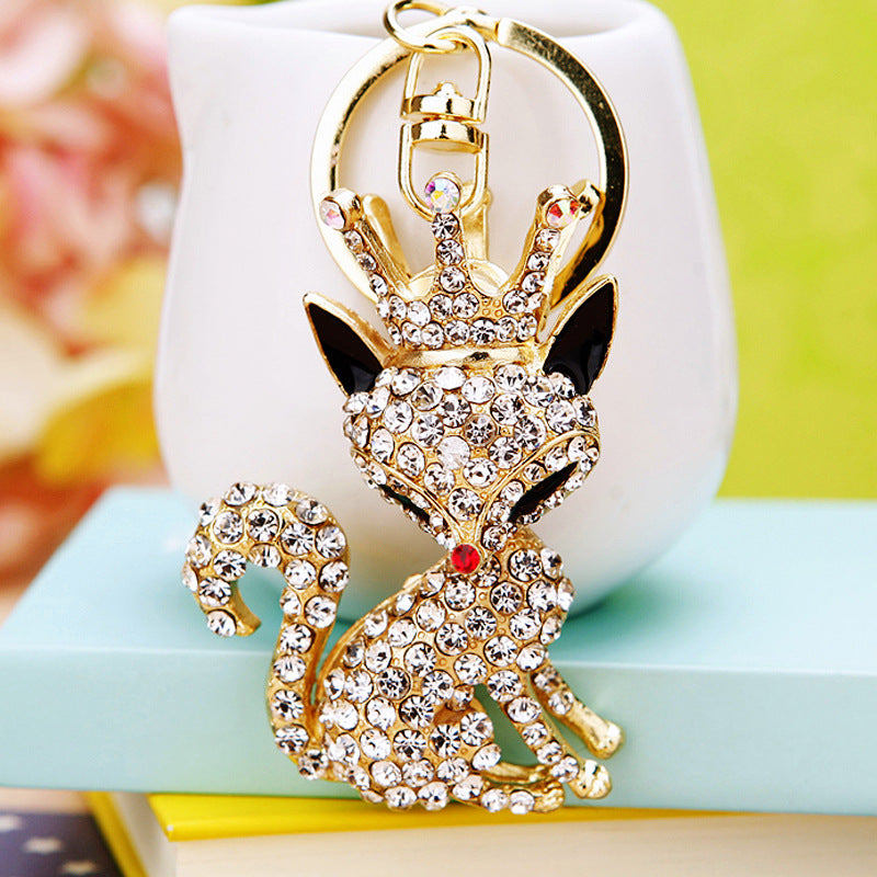 Crown Fox Sparkling Charm Bling Dog Keychain Crystal Rhinestone Pendant