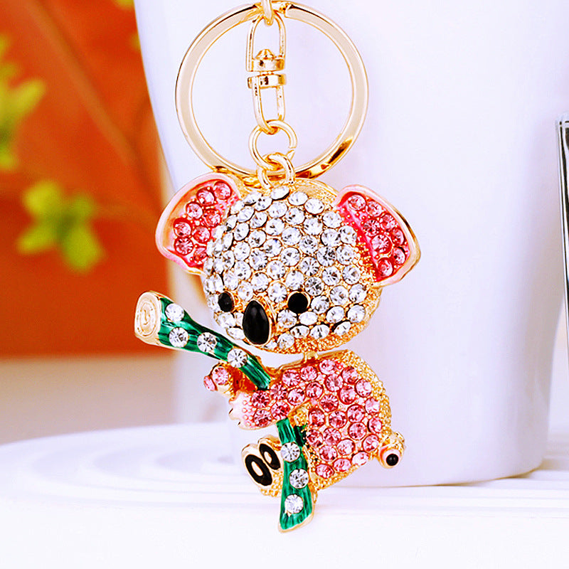 Koala With Bamboo Diamond Bling Rhinestone Metal Pendant Shining Keychain