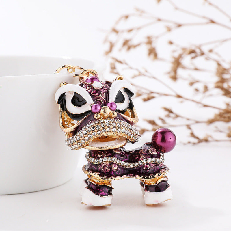 Chinese Lion Rhinestone Alloy Metal Keychain Dance Pendant
