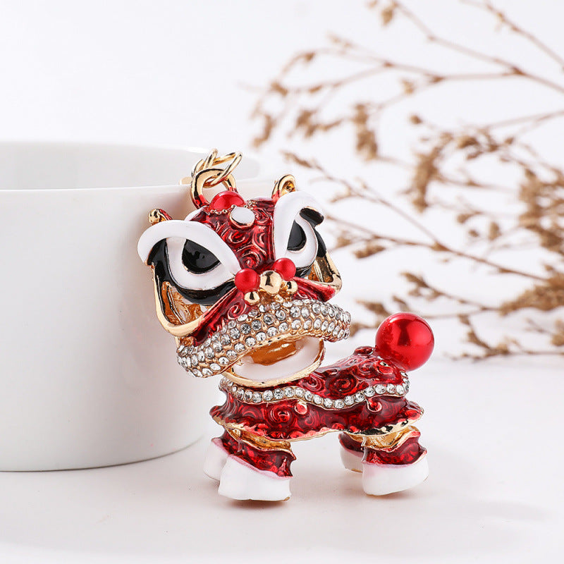 Chinese Lion Rhinestone Alloy Metal Keychain Dance Pendant