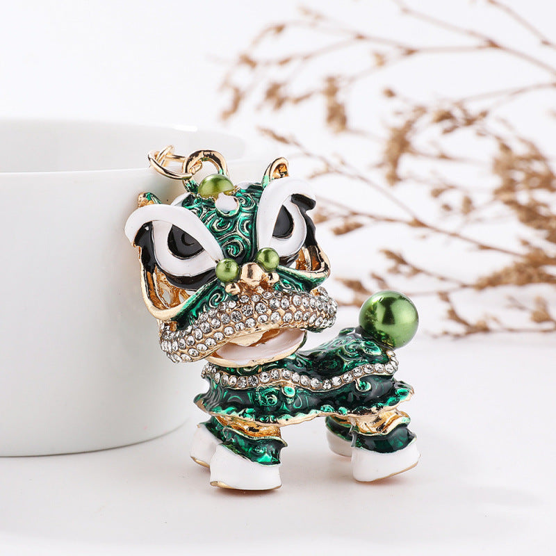 Chinese Lion Rhinestone Alloy Metal Keychain Dance Pendant