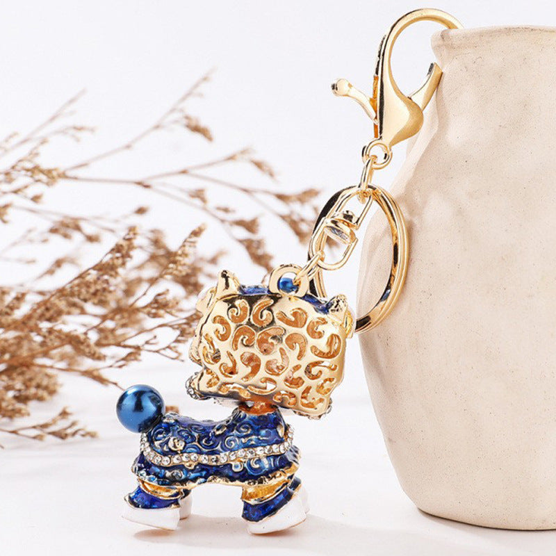 Chinese Lion Rhinestone Alloy Metal Keychain Dance Pendant