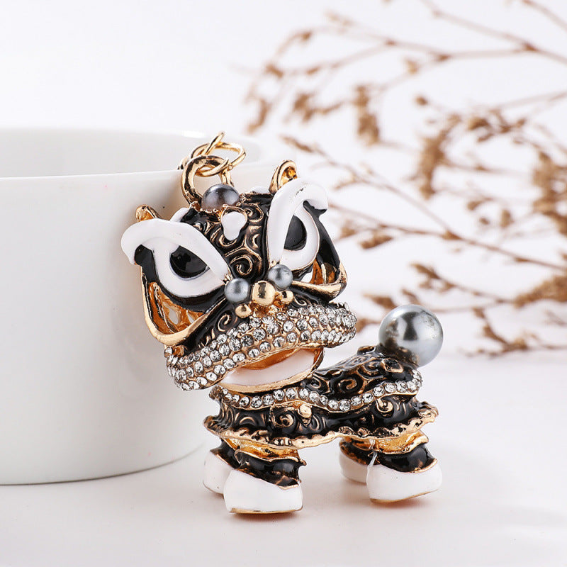 Chinese Lion Rhinestone Alloy Metal Keychain Dance Pendant