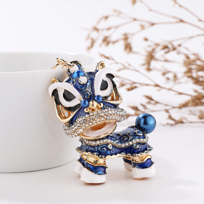Chinese Lion Rhinestone Alloy Metal Keychain Dance Pendant