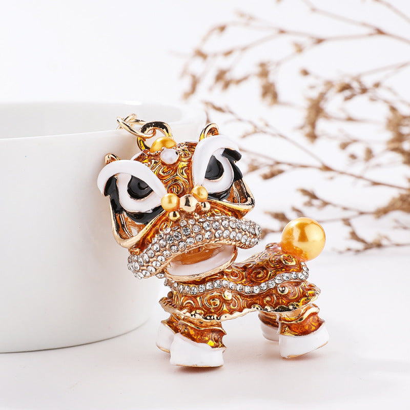 Chinese Lion Rhinestone Alloy Metal Keychain Dance Pendant