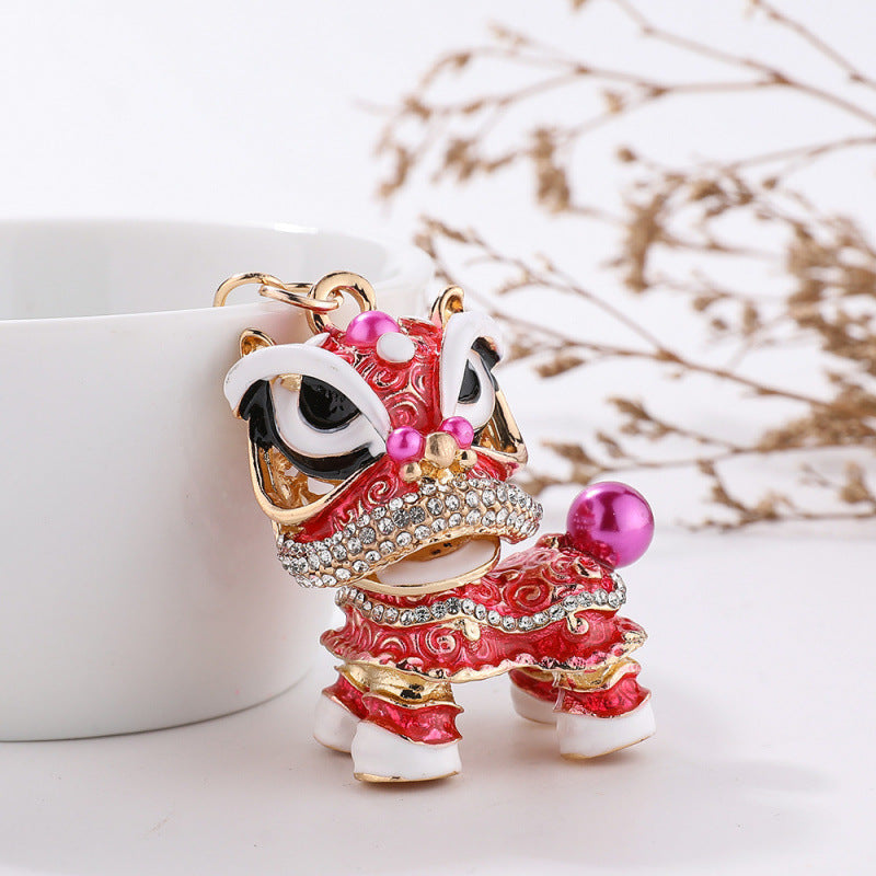 Chinese Lion Rhinestone Alloy Metal Keychain Dance Pendant