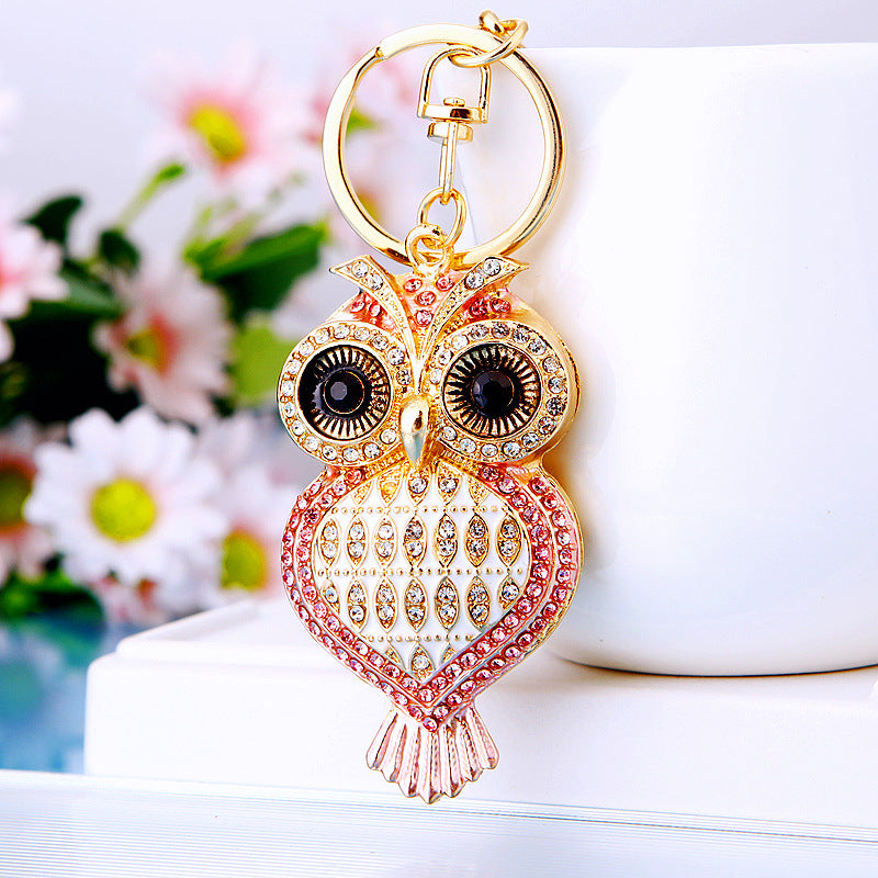 Owl Heart Shape Bling Rhinestone Metal Pendant Shining Keychain