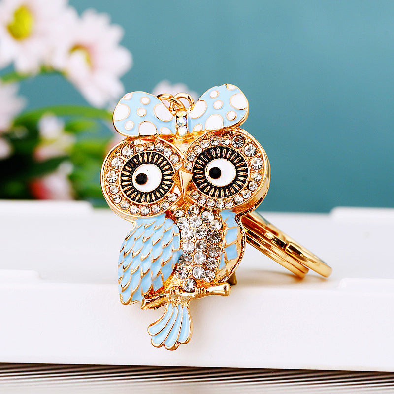 Owl Bowtie Bling Rhinestone Animal Metal Pendant Shining Keychain