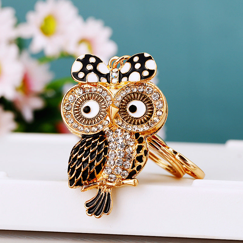 Owl Bowtie Bling Rhinestone Animal Metal Pendant Shining Keychain