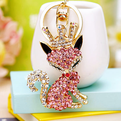 Crown Fox Sparkling Charm Bling Dog Keychain Crystal Rhinestone Pendant