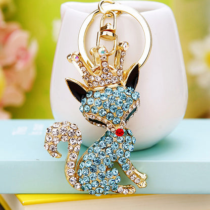 Crown Fox Sparkling Charm Bling Dog Keychain Crystal Rhinestone Pendant