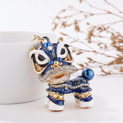 Chinese Lion Rhinestone Alloy Metal Keychain Dance Pendant