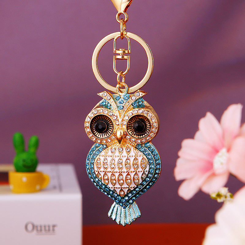 Owl Heart Shape Bling Rhinestone Metal Pendant Shining Keychain