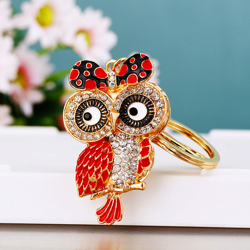 Owl Bowtie Bling Rhinestone Animal Metal Pendant Shining Keychain