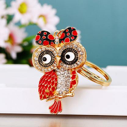 Owl Bowtie Bling Rhinestone Animal Metal Pendant Shining Keychain