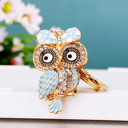 Owl Bowtie Bling Rhinestone Animal Metal Pendant Shining Keychain