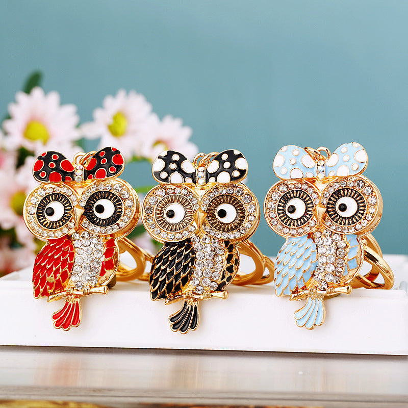 Owl Bowtie Bling Rhinestone Animal Metal Pendant Shining Keychain